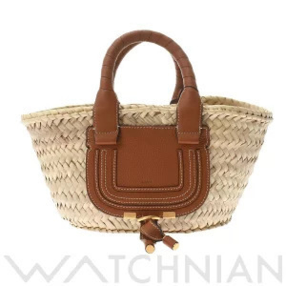Chloe Marcie Basket Tan Raffia Grained Calfskin Handbag